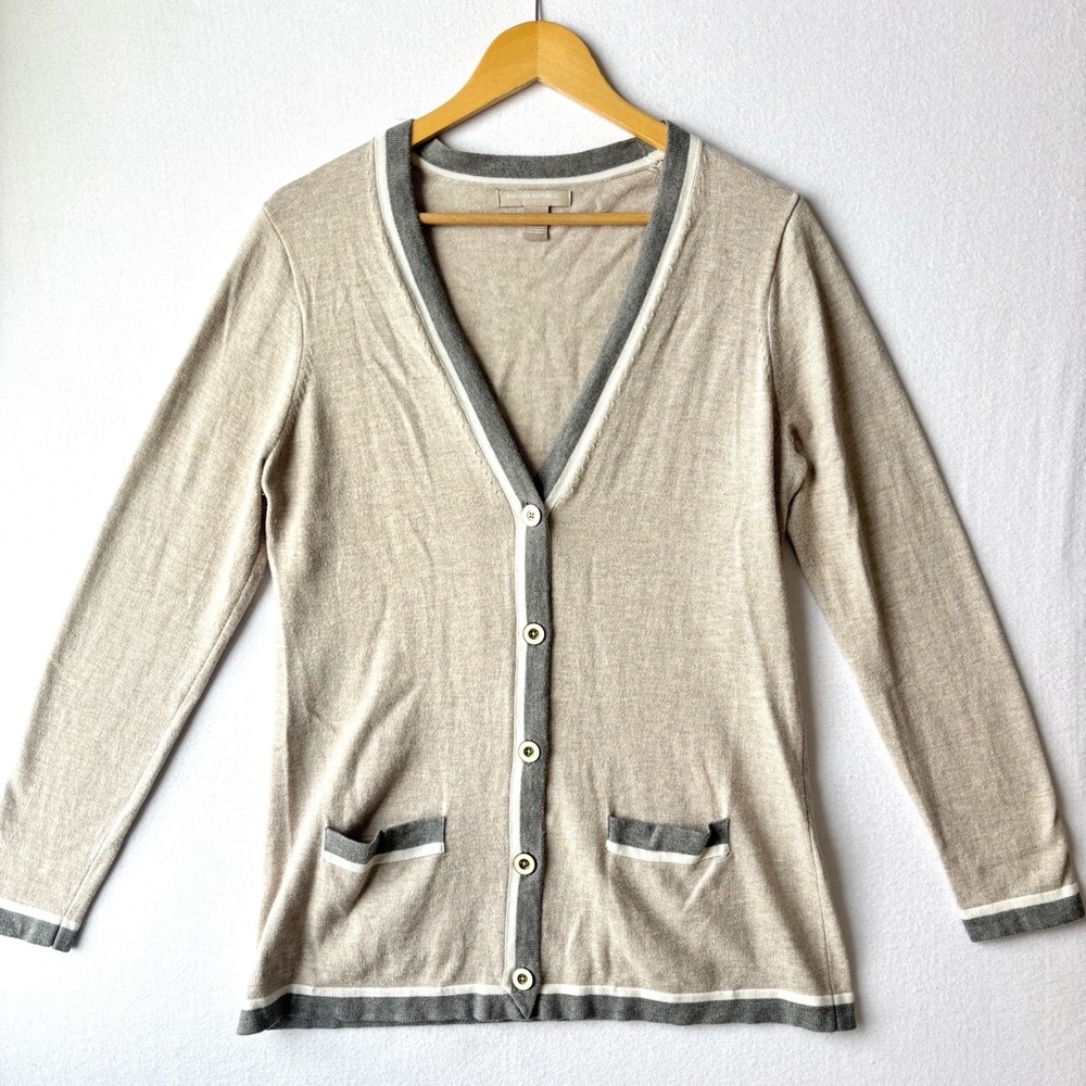 Women's Beige Contrast-Trim Button Cardigan Sweater